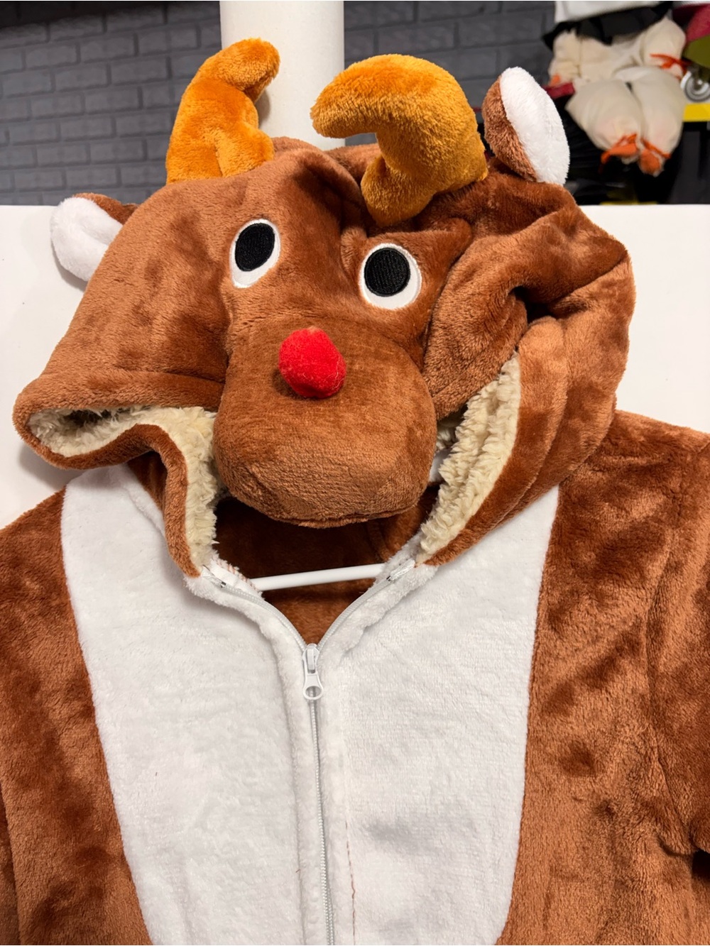 Kids Brown Reindeer Costume with Red Nose - Plush Hooded Jumpsuit size 11-12